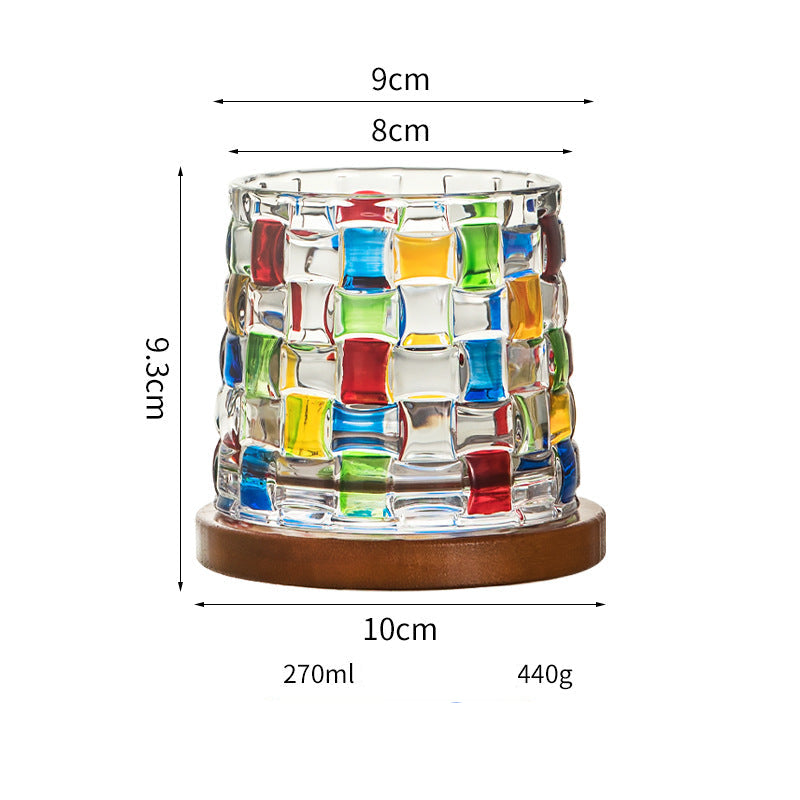Wholesale Haisman thickened color glass creative rotating whiskey glass hand painted rotating cup with wooden tray decompression Cup