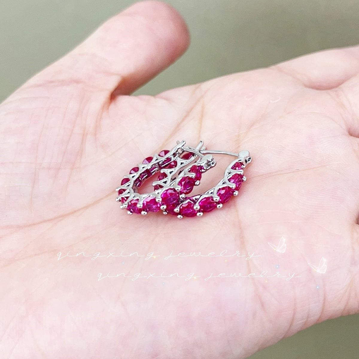 Wholesale Pave Red Corundum  Zircon Lace U Shaped Hoop Earrings