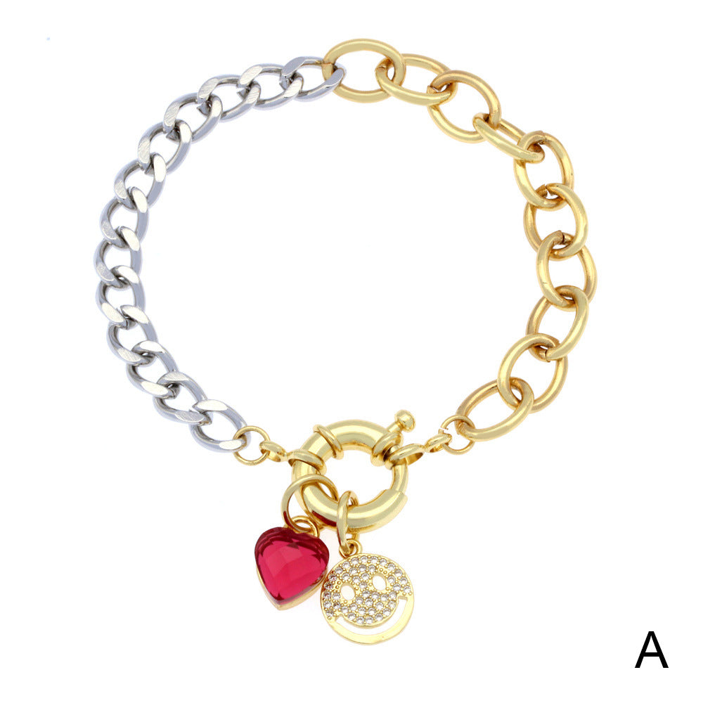 Cadena cubana al por mayor Spring Buckle Micro Paved Smile Face Circón Corazador Copia Pulsera de cobre