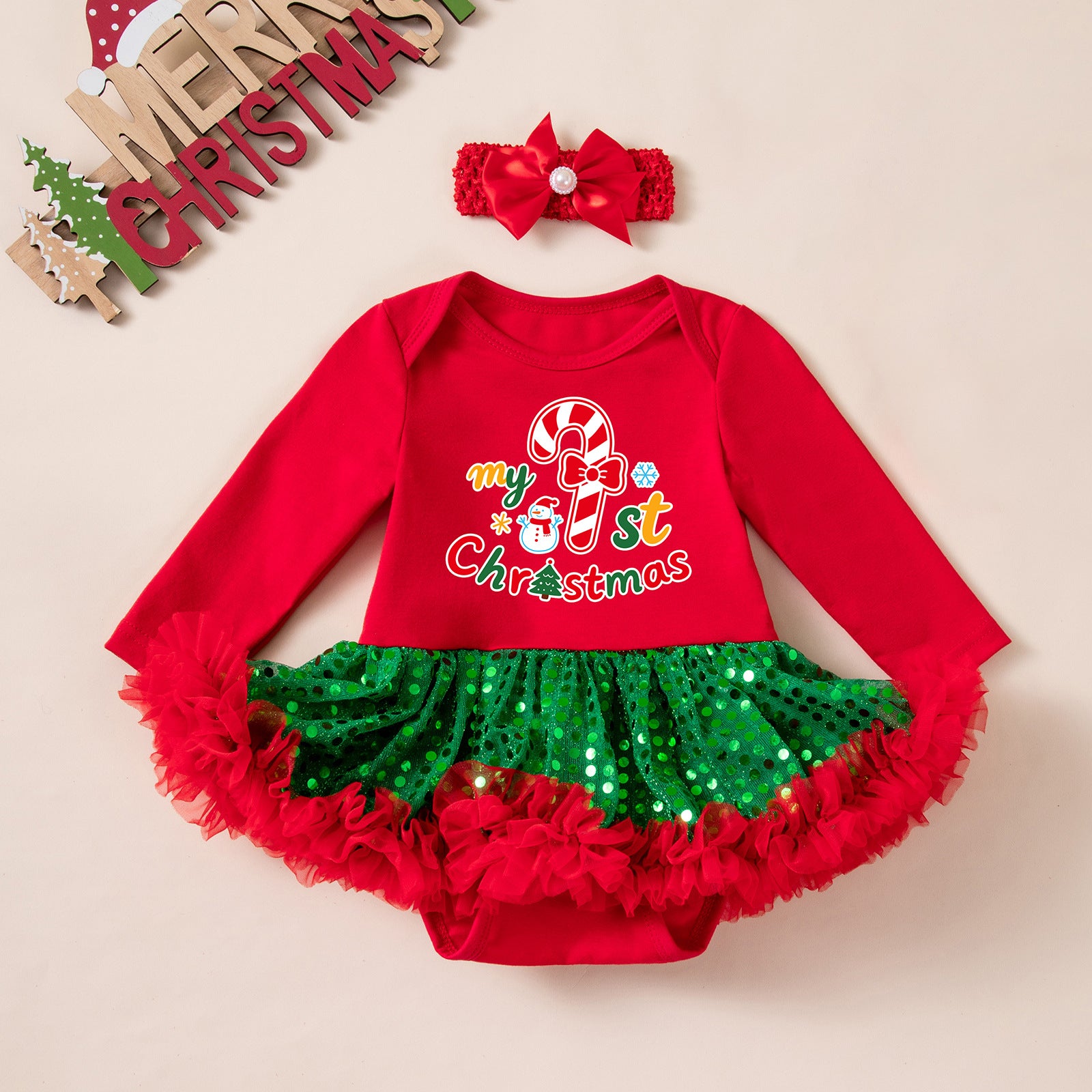 Wholesale Red Long Sleeve Sequin Tulle Baby Girl Christmas Dress Set With Hairband Leg Warmers Boutique Holiday Outfit