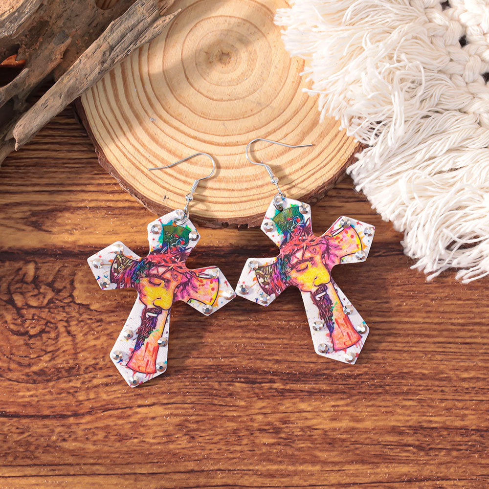 Wholesale Western-style colorful rhinestone cross earrings