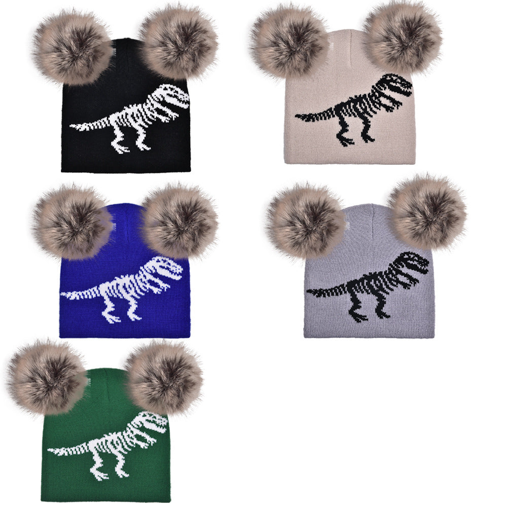 Wholesale Autumn and Winter Knitted Jacquard Dinosaur Double Hairball Beanie