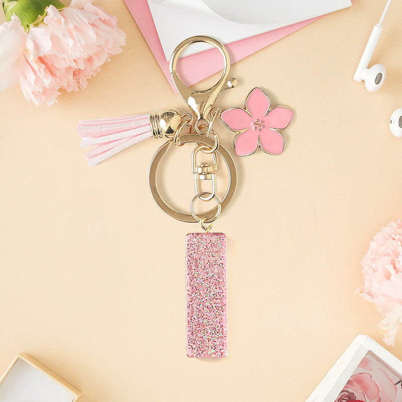 Wholesale Pink 26 letter Sparkling Pink Flower Tassel Keychain