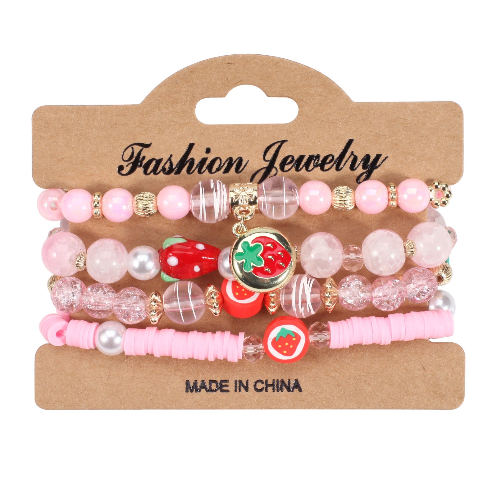 Wholesale Cartoon Cute Fruit Strawberry Pendant Glass Beaded Multi-layer Elastic Bracelet