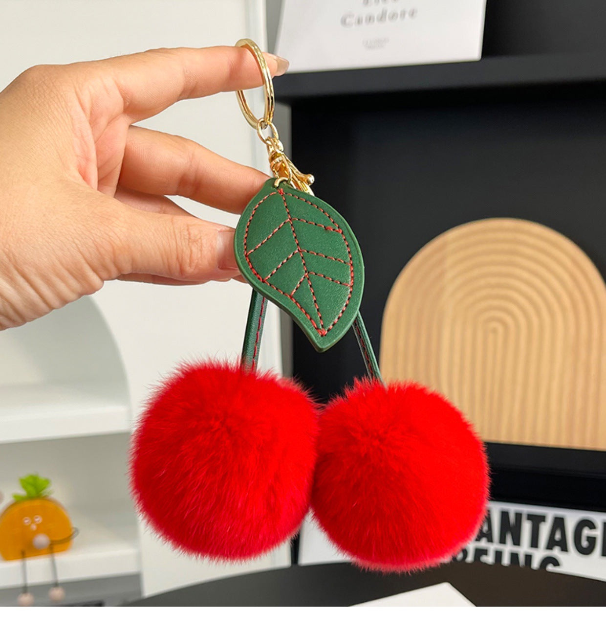 Wholesale Faux fur single leaf cherry plush pendant keychain