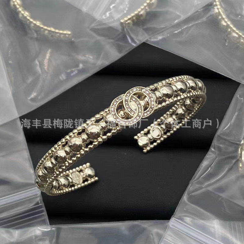 Wholesale New Double C Letter Diamond Piercing Leather Small Chanel Style Bracelet Retro Fashion All-match Bracelet