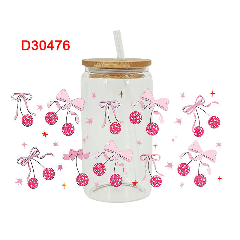 Wholesale Pink Cherry Heart 16oz Cup UV DTF Wraps