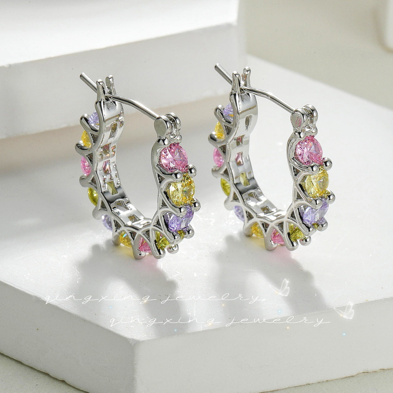 Wholesale Pave Red Corundum  Zircon Lace U Shaped Hoop Earrings