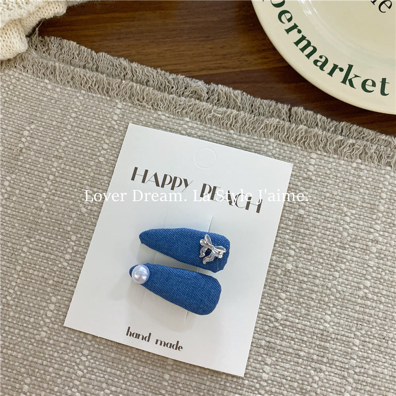 Wholesale Silver Love Blue Denim Bow Hair Clip