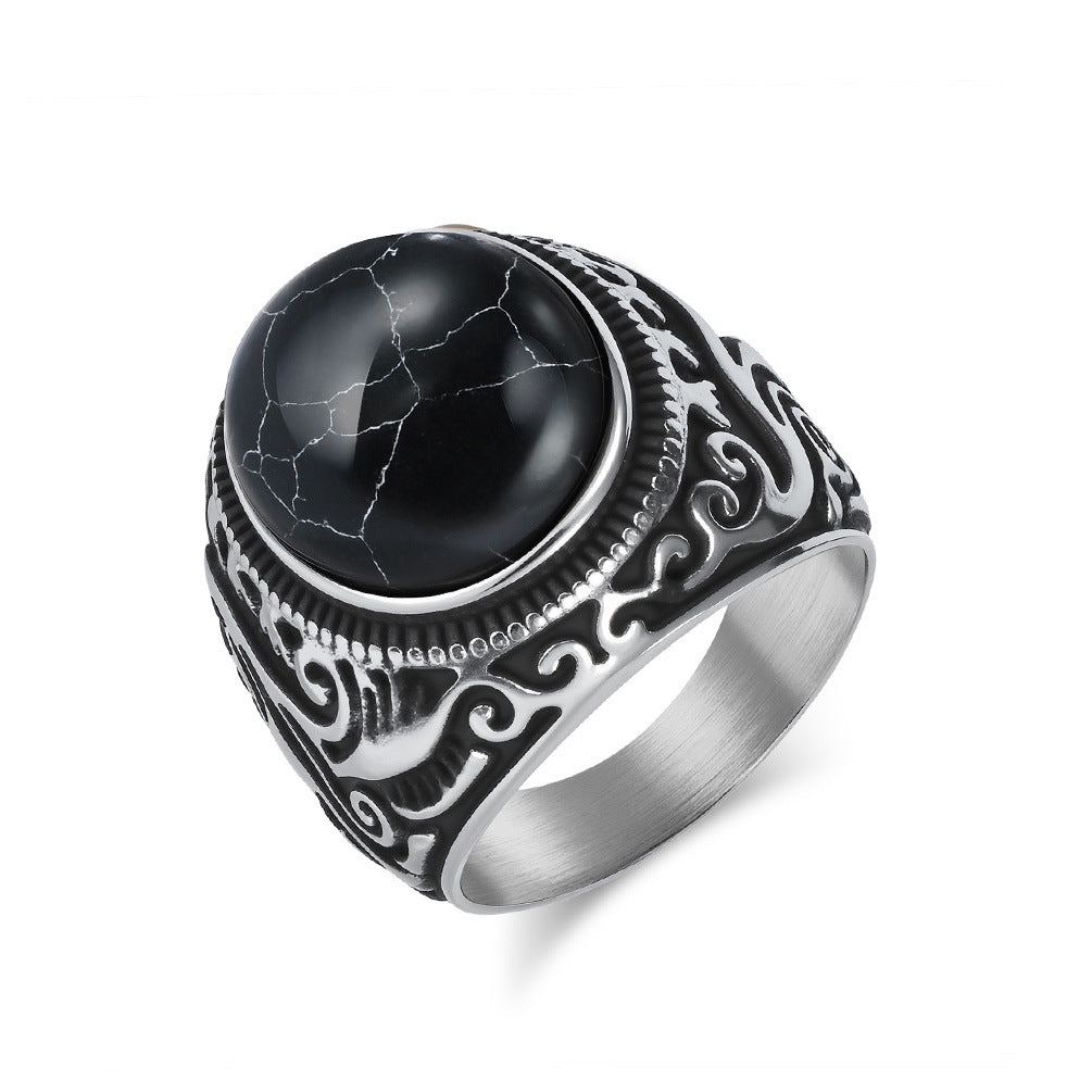 Wholesale Vintage carved flower inlaid tiger eye gemstone Stainless steel ring