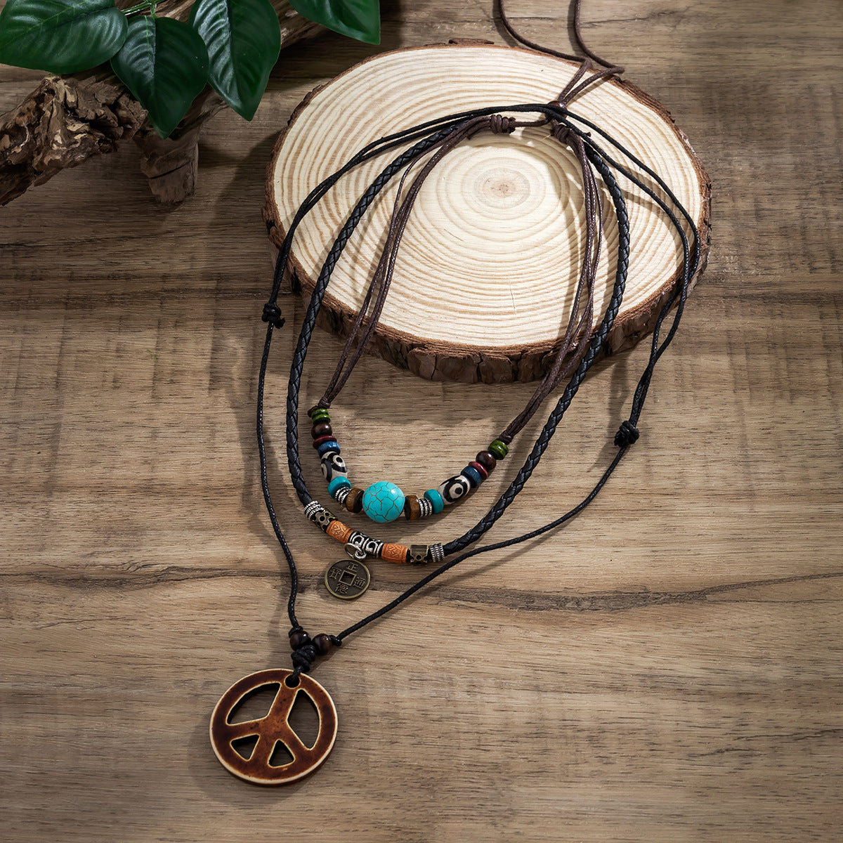 Wholesale Men's Wood Beads Pine and Peace Symbol Necklace