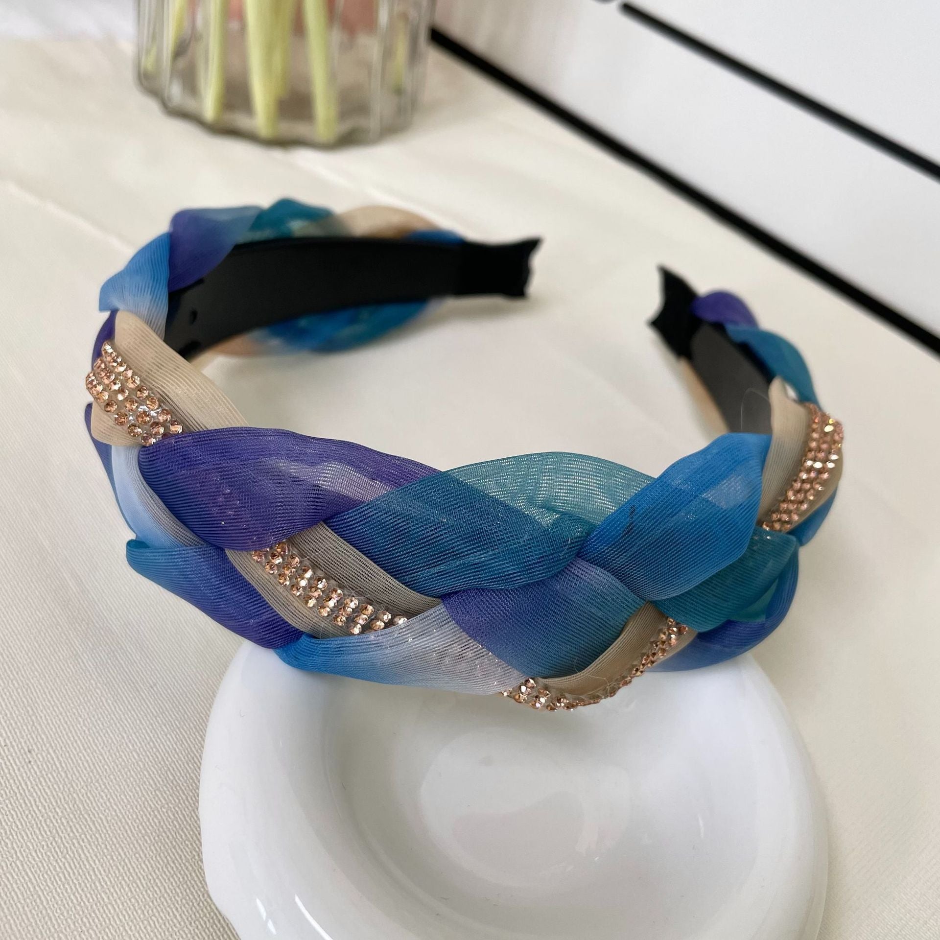 Wholesale Rhinestone Colorful Braided Stitching Organza Twist Headbands