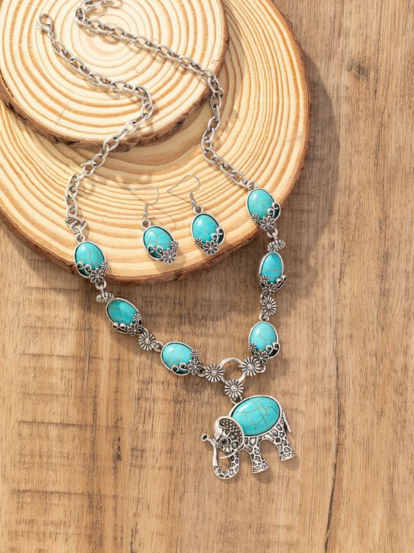 Wholesale Vintage Fashion Animal Elephant Turquoise Pendant Necklace Earrings