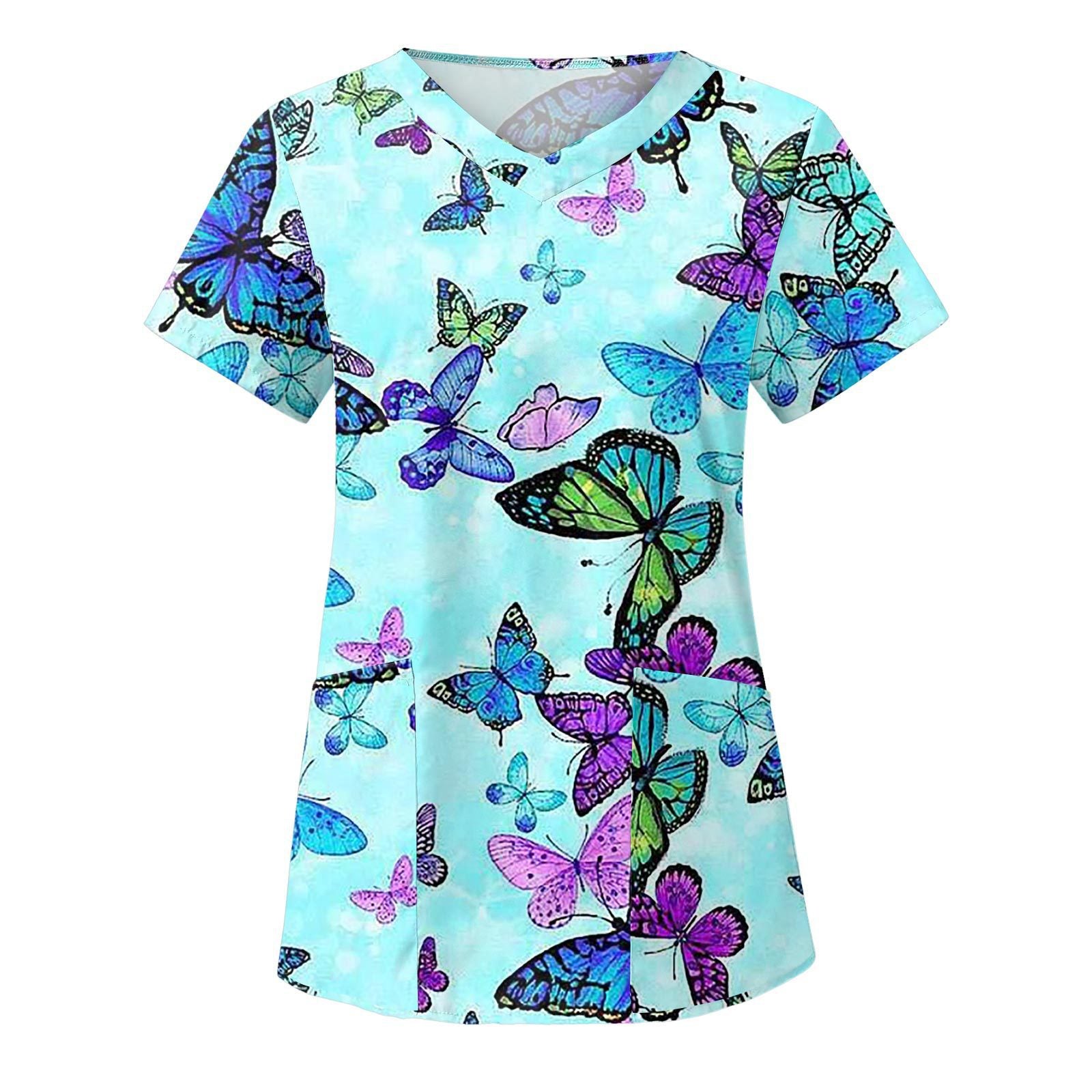Wholesale Women's 3D Printed V-neck Pocket Polyester Short Sleeved Work Clothes