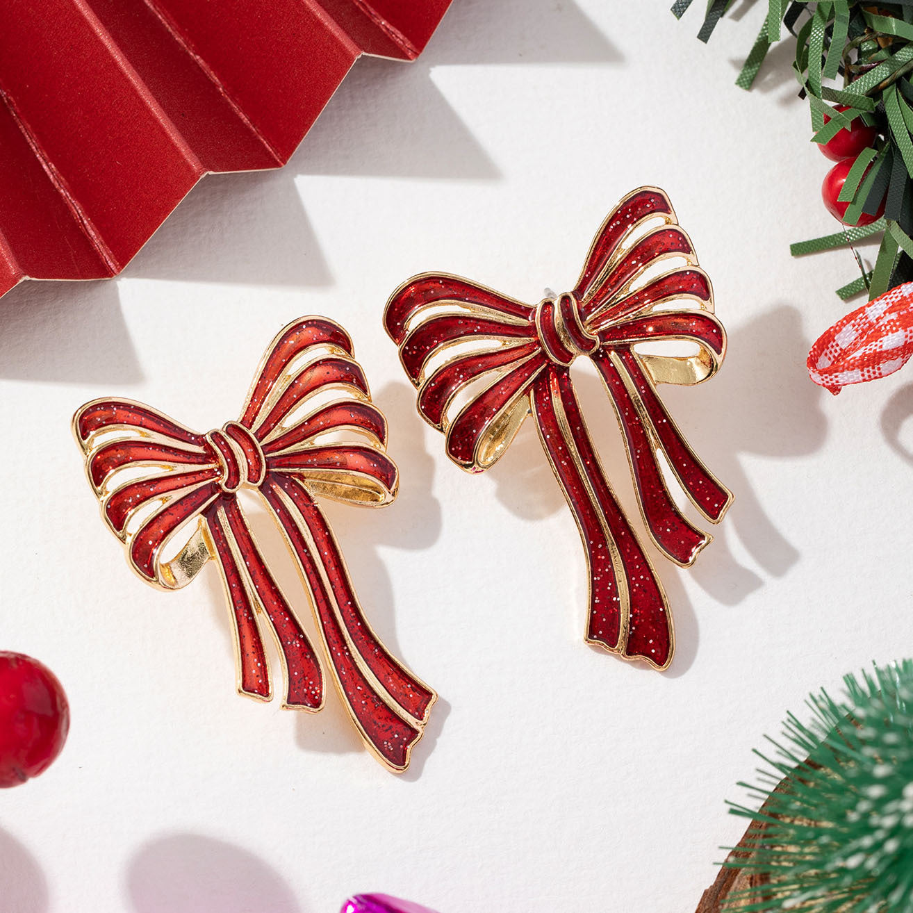 Wholesale Christmas Earrings with Bow Red Green Glitter Pink Alloy Earrings