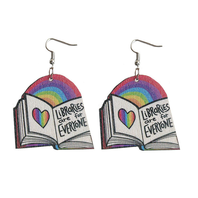 Wholesale 2 Pairs/Pack Book Rainbow Heart Wood Earrings