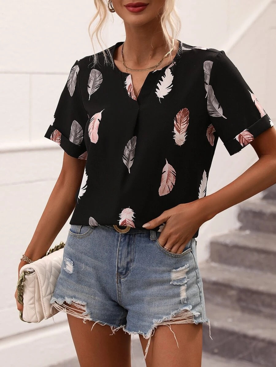 Wholesale Feather Pattern Printed V Neck Loose Short Sleeves