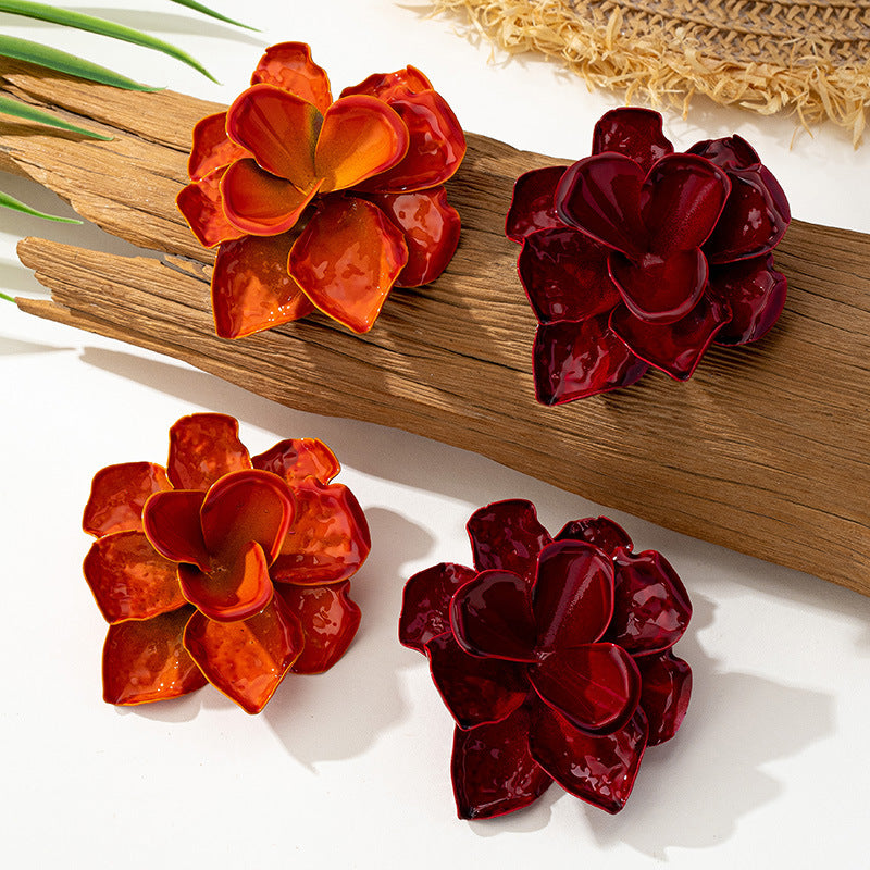 Wholesale Stylish Women S Large 3D Flower Earrings Alloy Orange Electroplated Fashion Jewelry Accessory