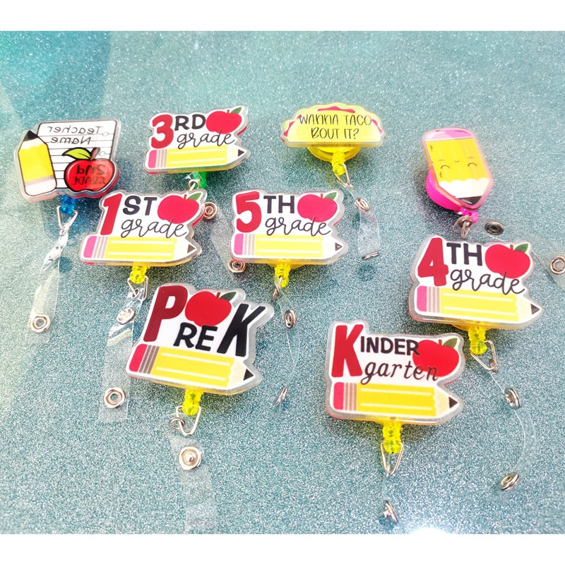 Wholesale Acrylic Teacher Badge Retractable Keychain ID Card Cover Easy Pull Buckle