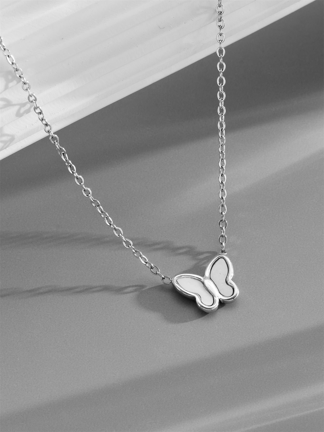 Wholesale Titanium Steel White Shell Butterfly Necklace
