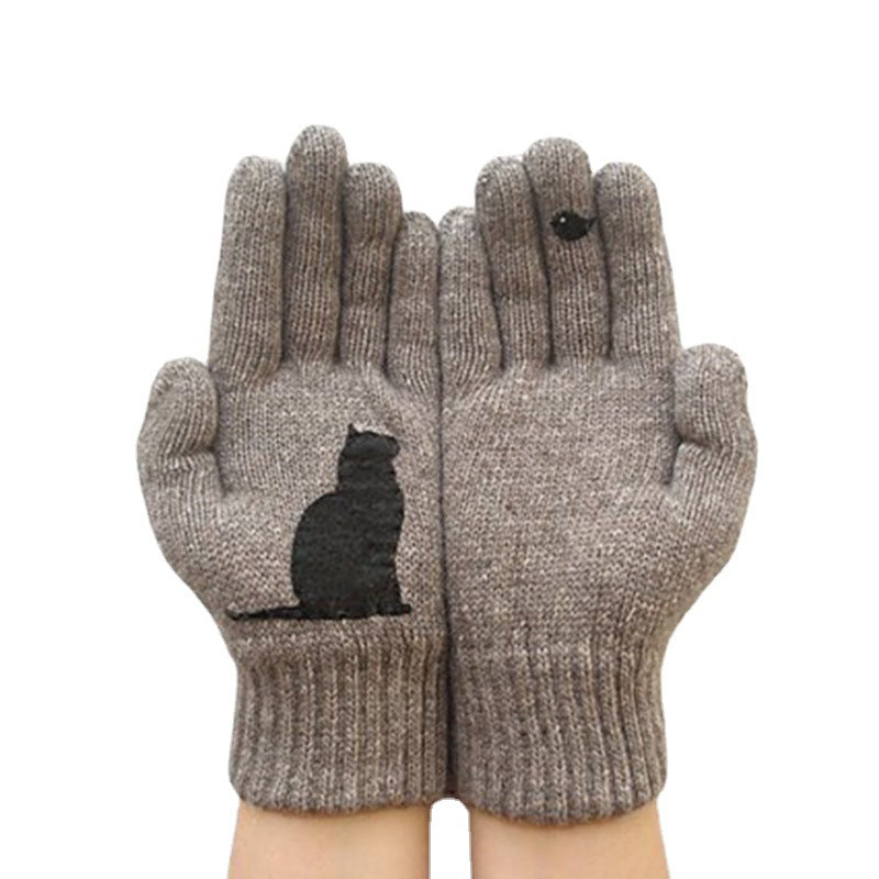 Wholesale Autumn and Winter Outdoor Warm and Cold-proof Thickened Cat and Bird Print Gloves