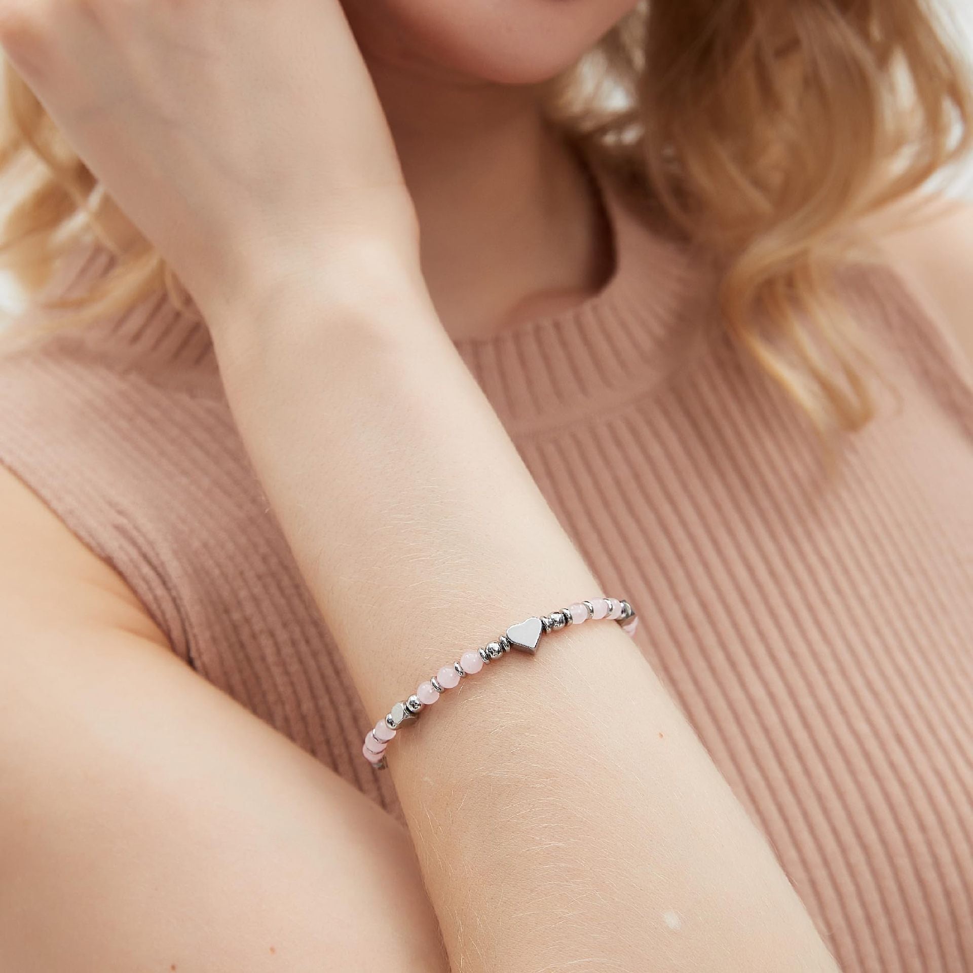 Wholesale  Natural Stone Crystal Peach Heart Colorfuled Beaded Stainless steel Bracelet