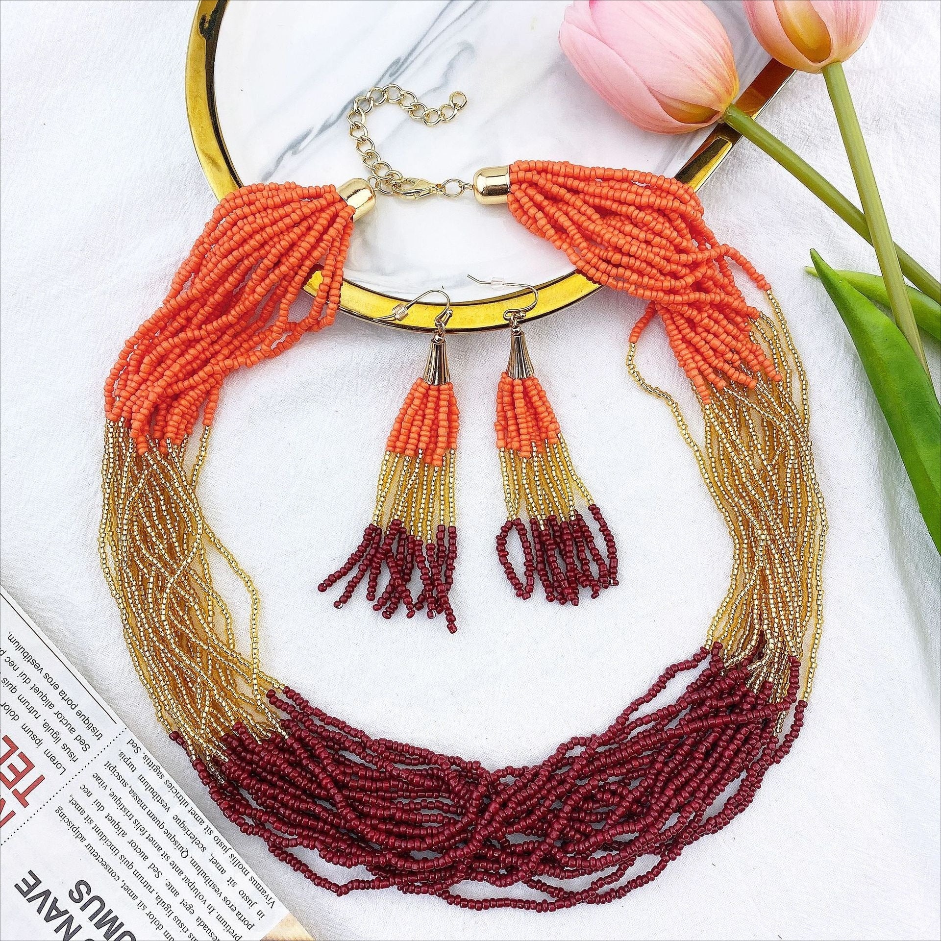 Wholesale Fashion Multi-layer Mixed Color Rice Bead Tassel Earrings Necklace