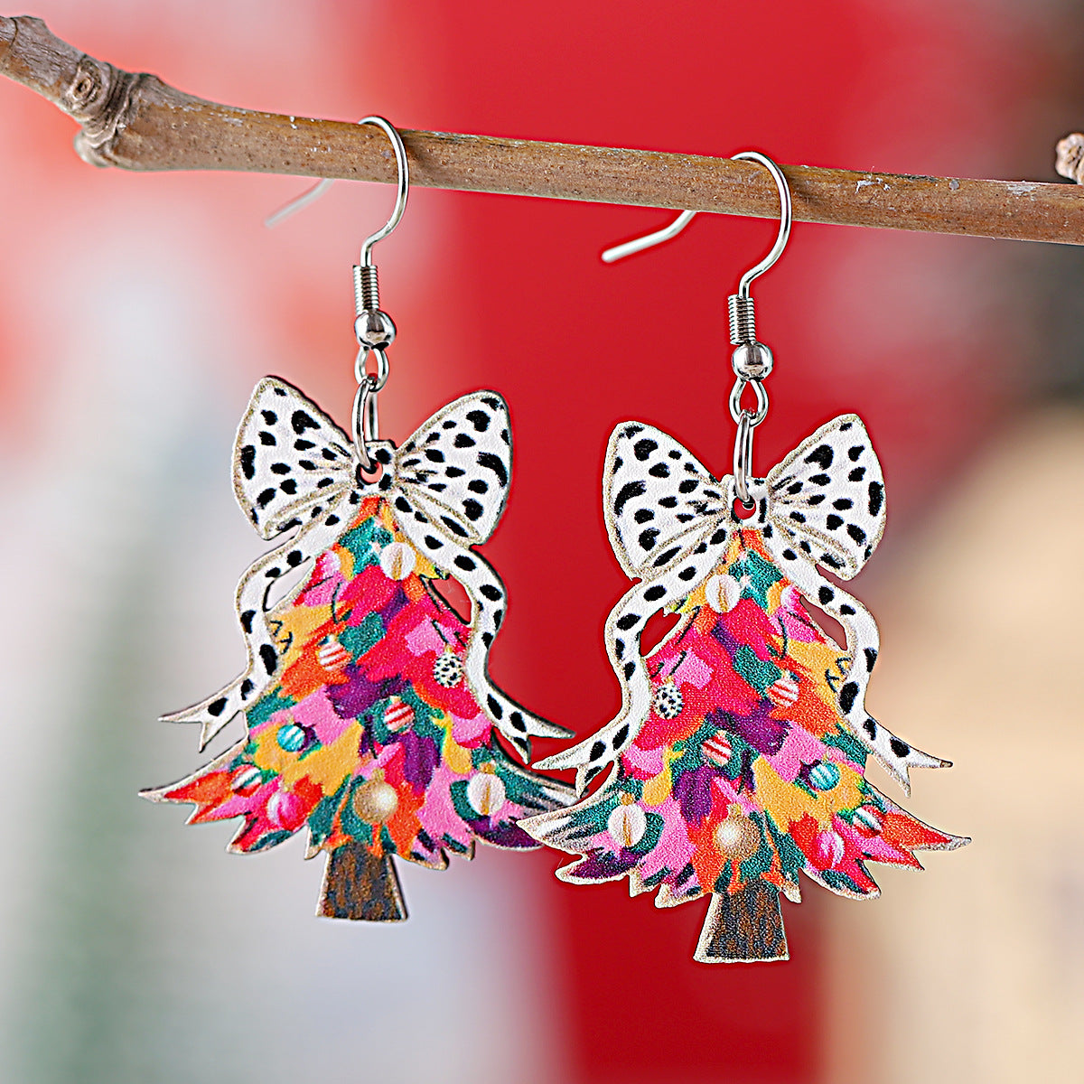 Wholesale Christmas Cow Pattern Bow Wooden Double-Sided Western Style Earrings