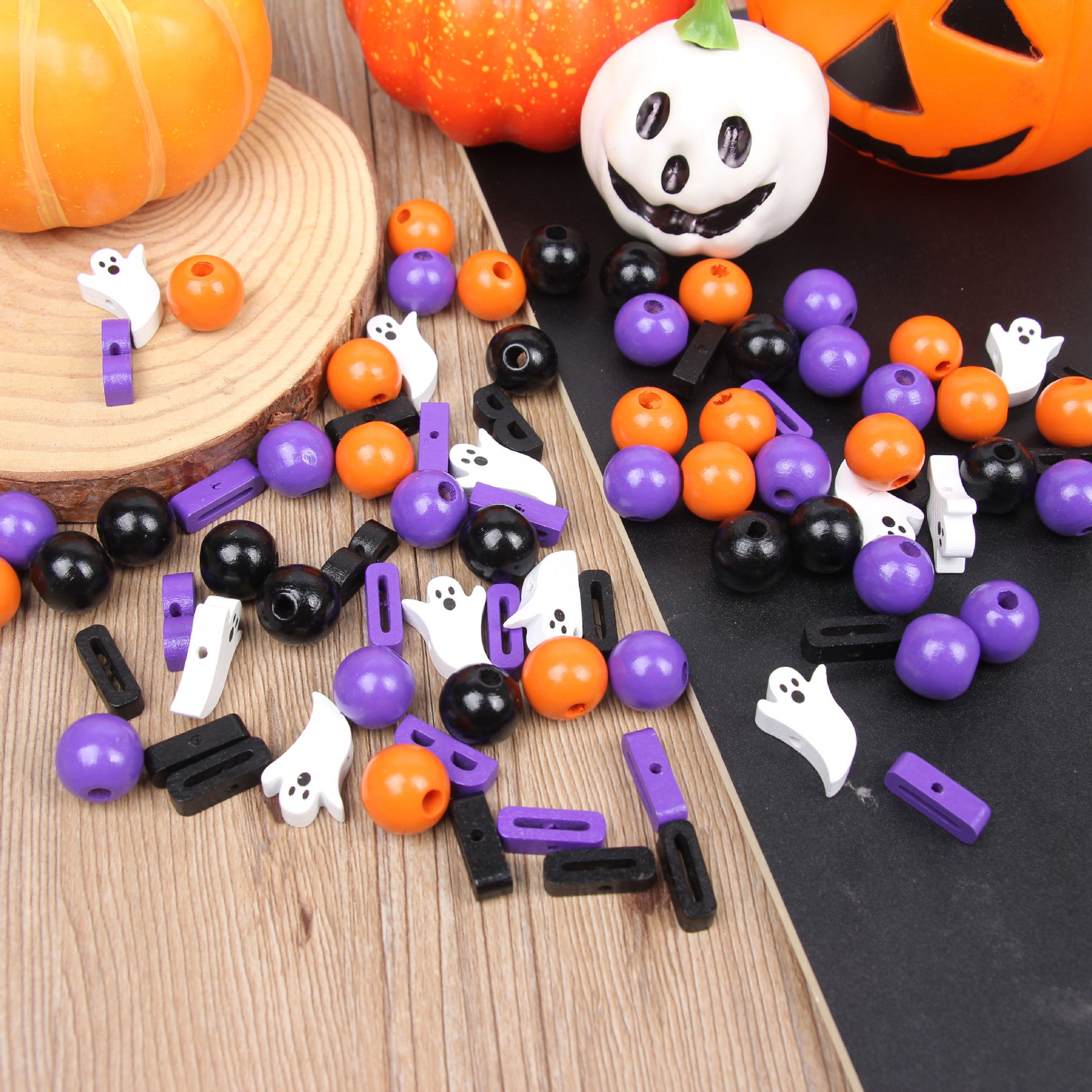 Wholesale 20pcs Halloween Ghost Face Colorful Wooden Hemp Rope Tassel Accessories Beads