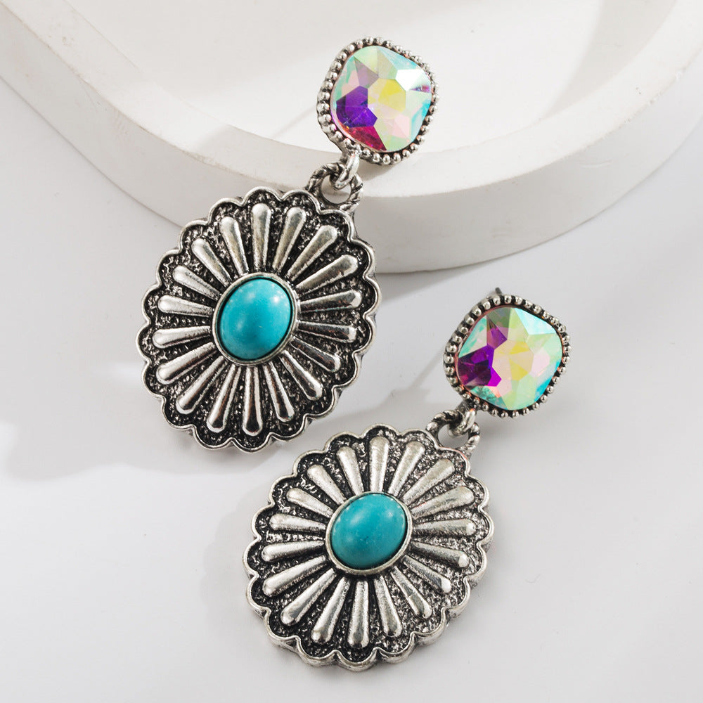 Wholesale Western style diamond turquoise drop cross retro exaggerated earrings