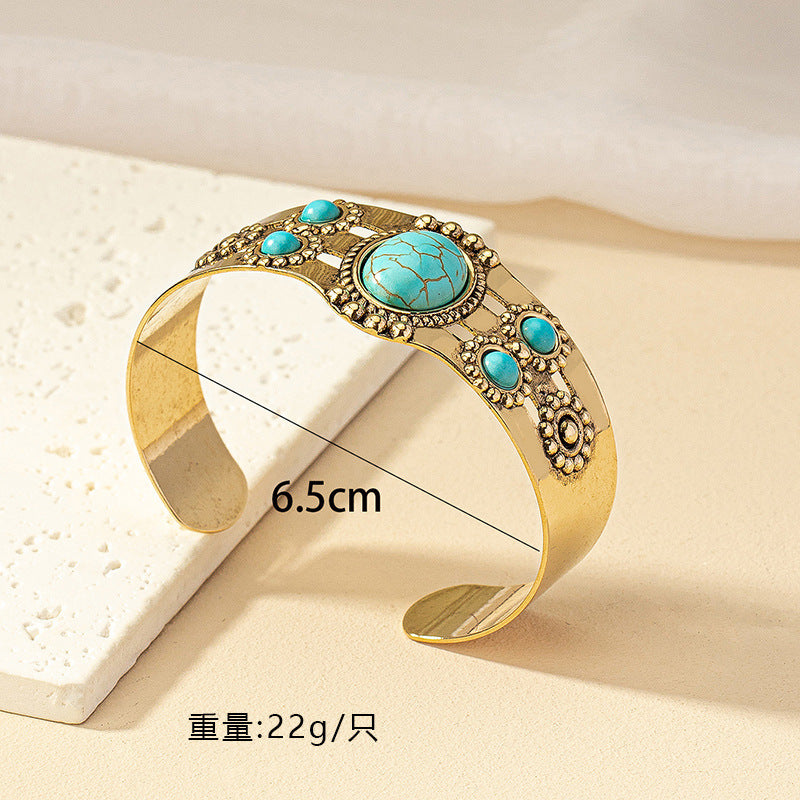 Wholesale Gold Tone Alloy Open Cuff Bracelet French Vintage Palace Style With Turquoise Accent Women S Everyday Fashion Accessory