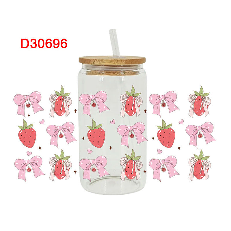 Wholesale Pink Strawberry Bow 16oz Cup UV DTF Wrap