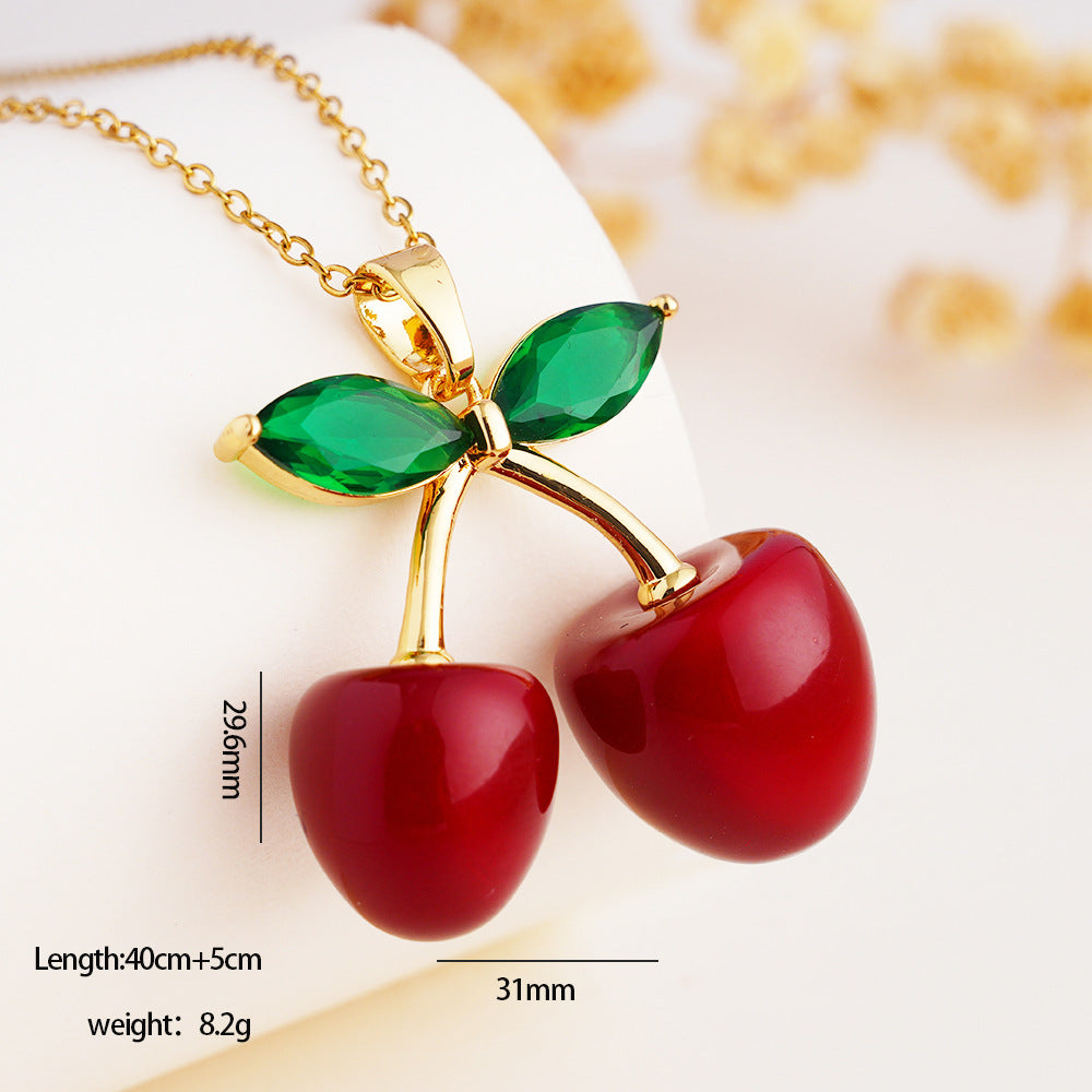 Wholesale Necklace for Women Fruit Red Cherry Pendant Metal Clavicle Necklace