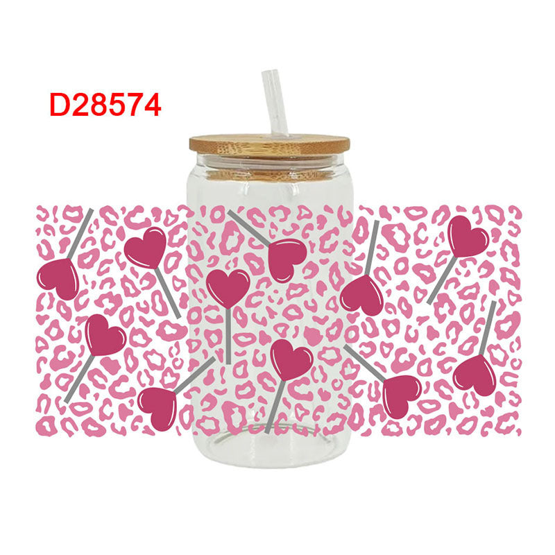 Wholesale Pink Cartoon Heart Valentine' s Day 16oz Cup UV DTF Wraps