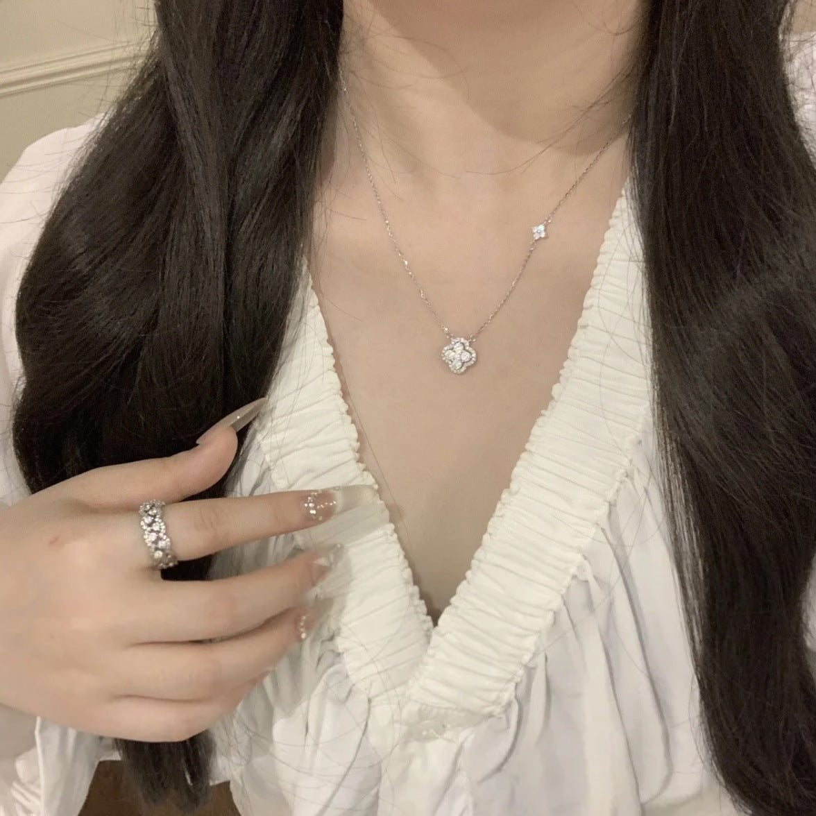 Wholesale Sparkling Four Leaf Clover Zircon Titanium Steel Necklace