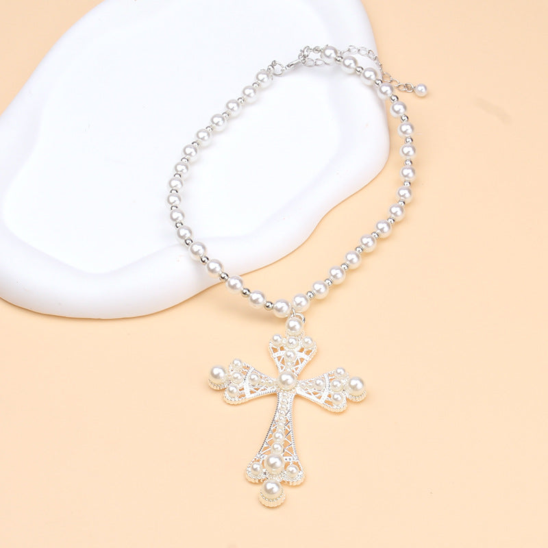 Wholesale Pearl Sweet Cool Dark Style Cross Pendant Clavicle Necklace