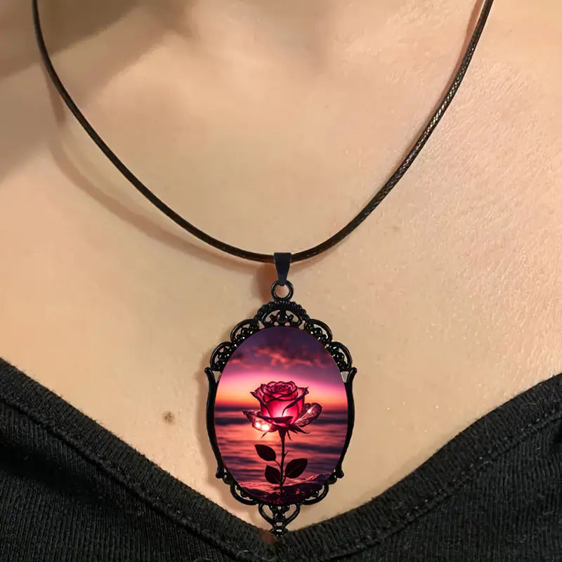 Wholesale Beautiful Seaside Sunset Rose Pattern Glass Necklaces