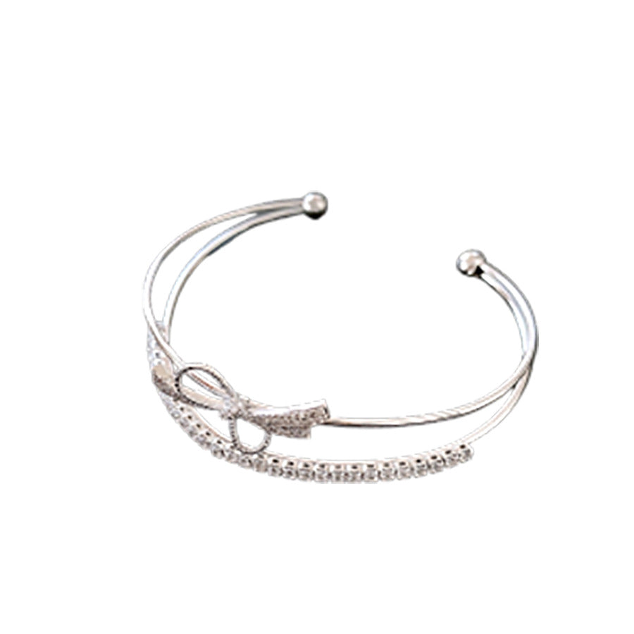 Wholesale Gold silver zircon bow double layered open bracelet