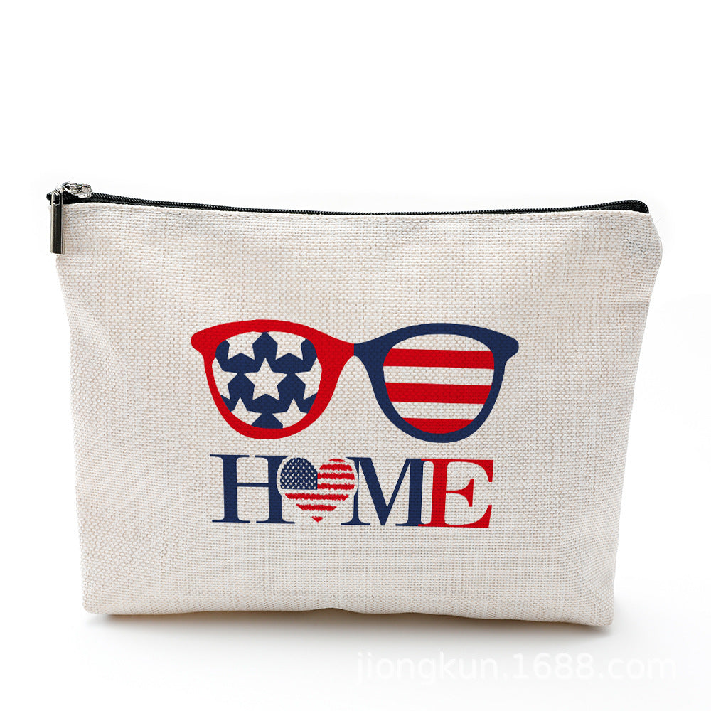Wholesale Independence Day Waterproof Linen Cosmetic Bag