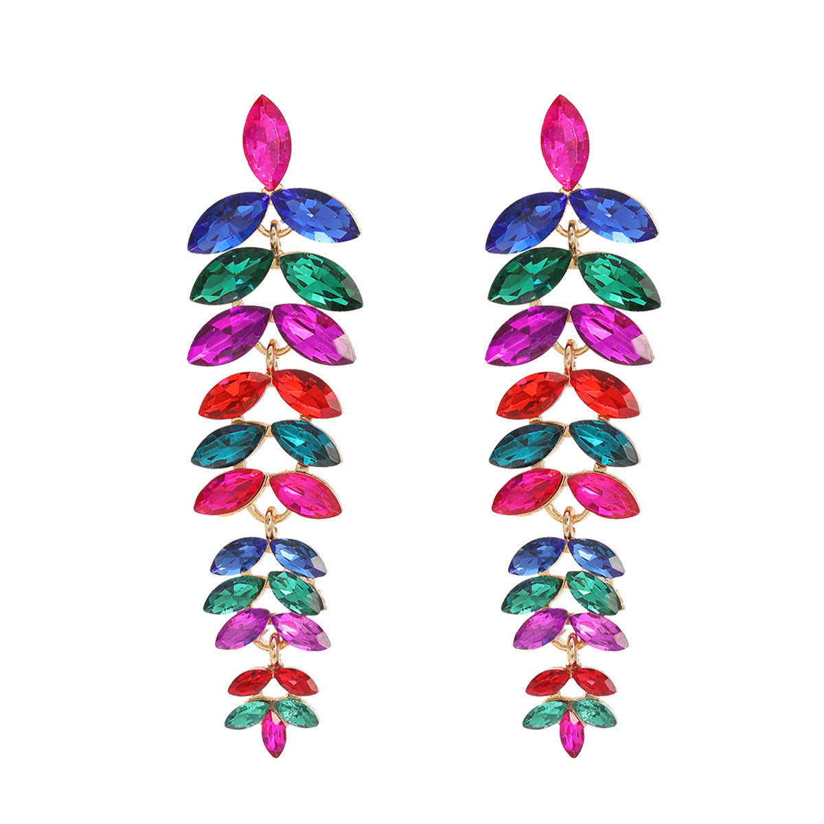 Wholesale Colored Diamond Full Diamond Long Leaf Earrings
