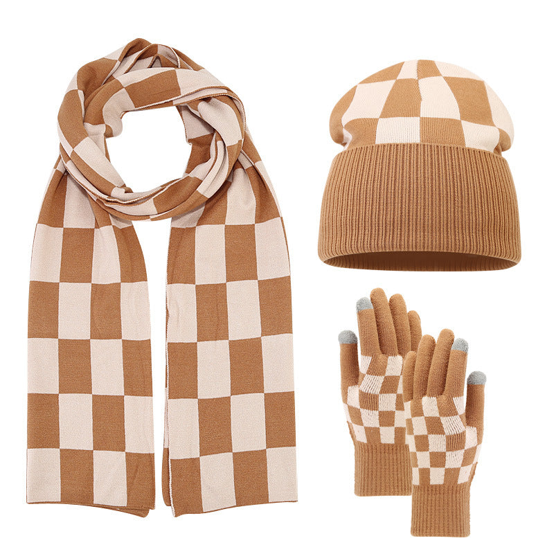 Wholesale Adult Winter Checkerboard Double Layer Thickened Knitted Hat Gloves Scarf Set