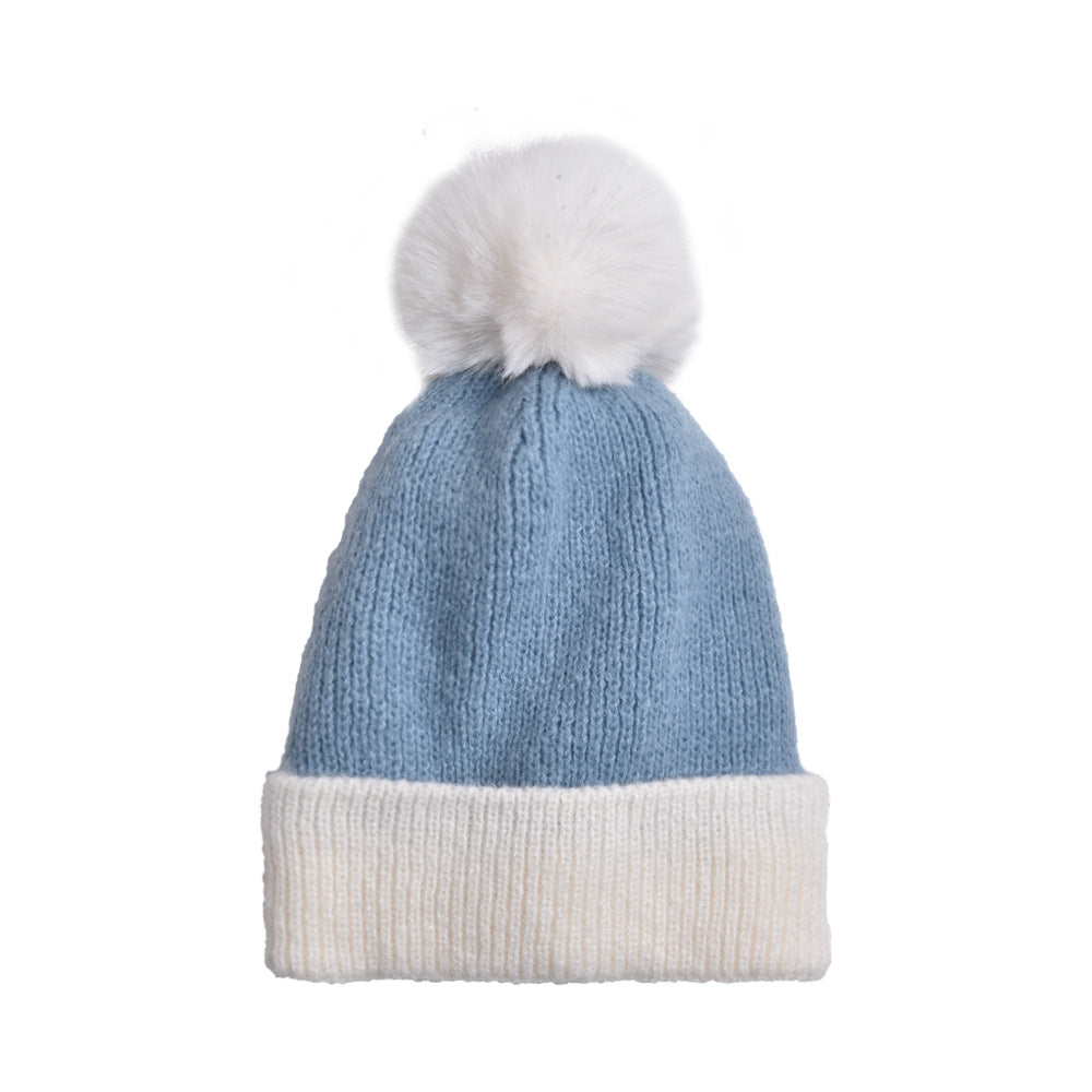 Wholesale Wool Ball Color Matching Knitted Hat Autumn and Winter Plus Velvet Thickened Windproof and Cold-proof Woolen Hat