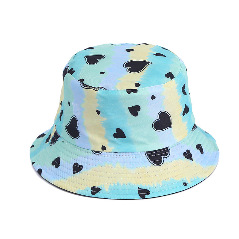 Hearting Heart Printing Tie Dye Color Block Polyester Sun Bucket Sombrero de cubo de Sunshade