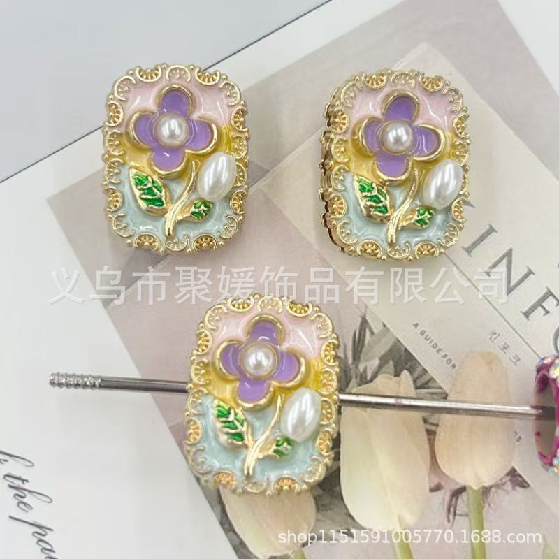 Wholesale 10pcs Oil painting style  flowers pearls beads