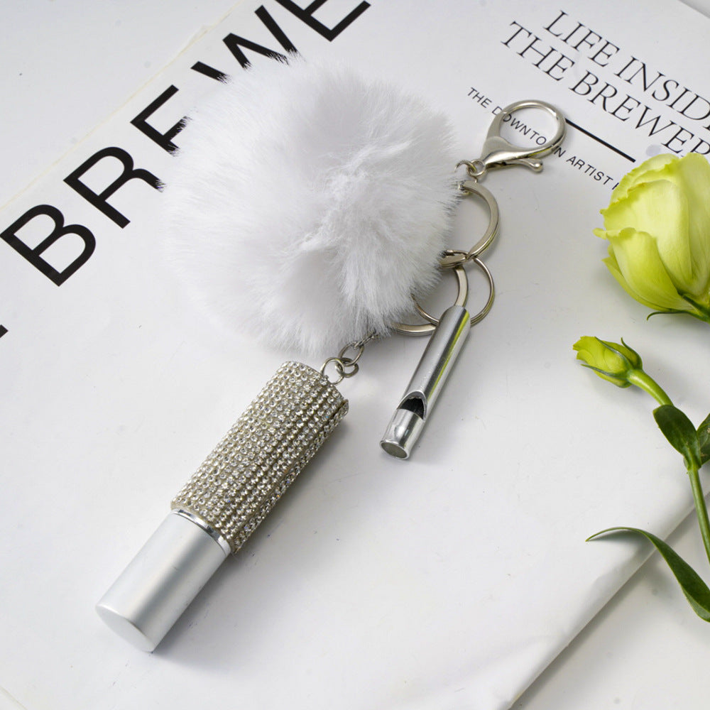 Wholesale Fur Ball Rhinestone Perfume Bottle Whistle Combination Keychain