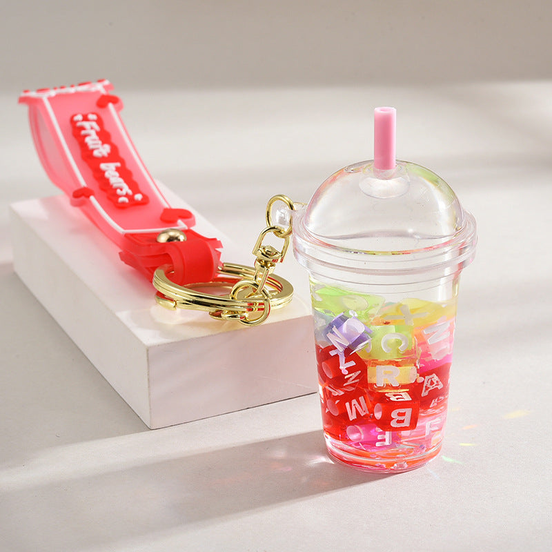Wholesale Acrylic flowing sand bottle milk tea cup keychain