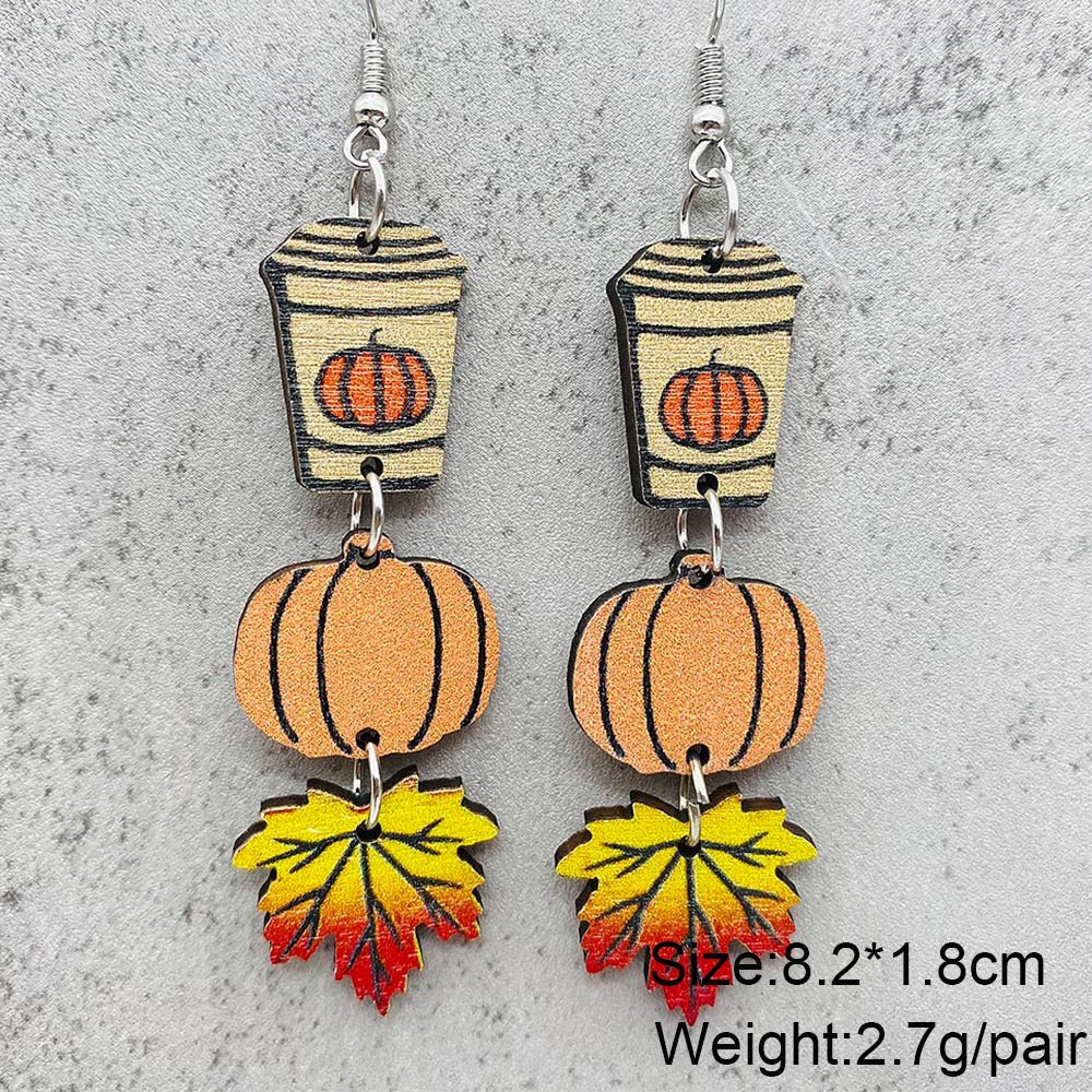 Wholesale Thanksgiving Pumpkin Maple Leaf Coffee Cup Wooden Earrings Halloween Earrings