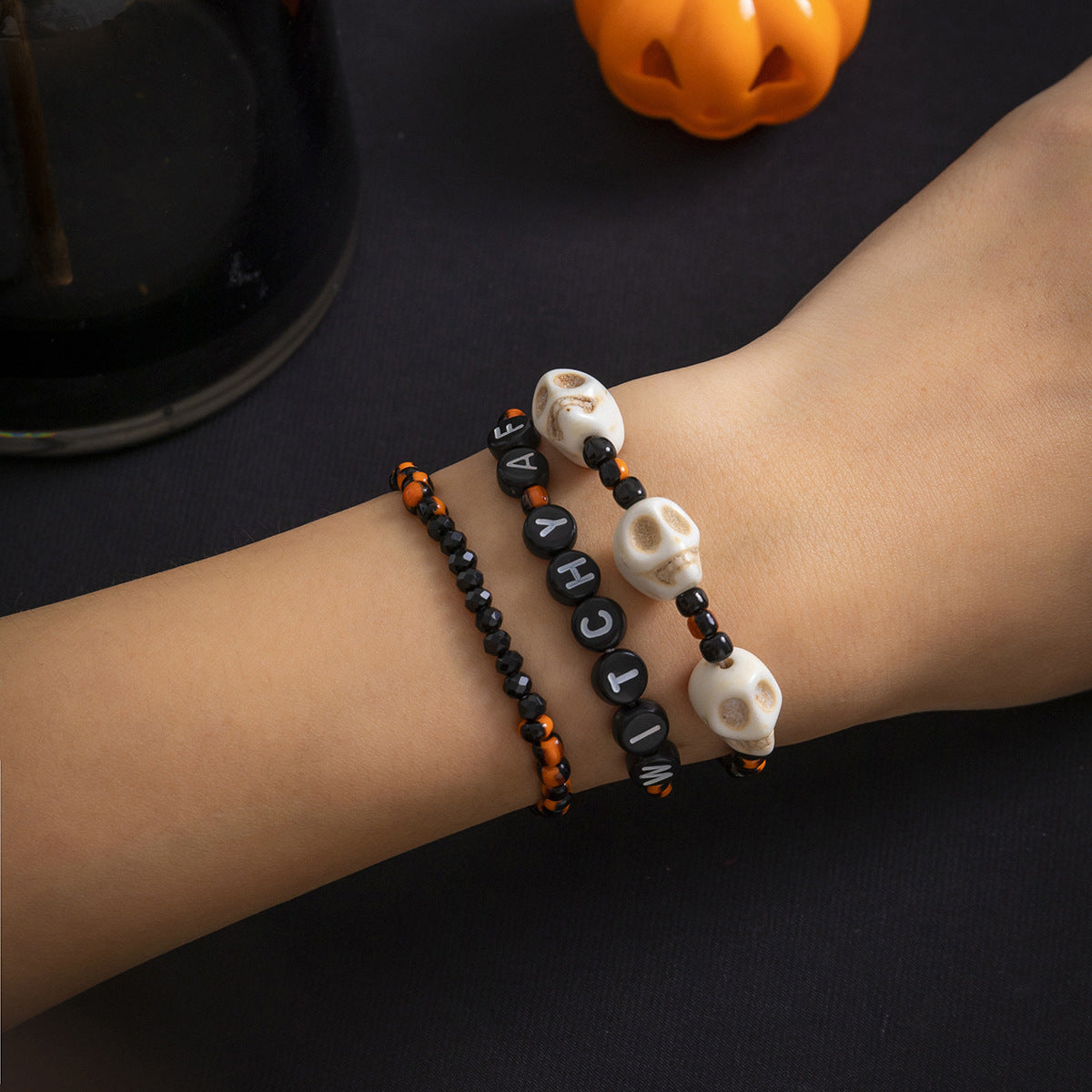 Wholesale Halloween Vintage Skull Beaded Letter Braided Bracelet