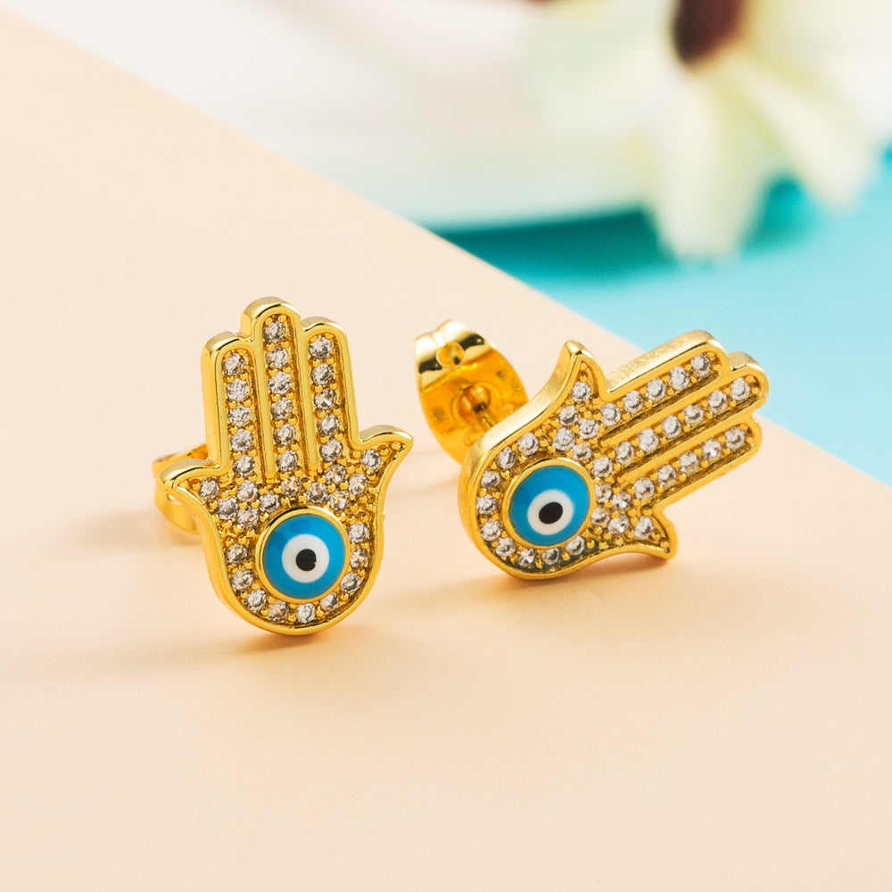 Wholesale Colored Zircon Fatima Hand Palm Demon Eye Earrings