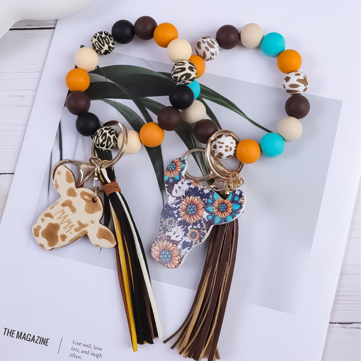 Wholesale Western Style Silicone Beaded Tassel Wooden Keychain